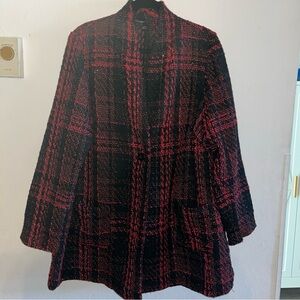 Lane Bryant Red/black Plaid Shimmer cardigan/ Jacket Pea Coat Womens Size 18/20